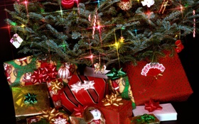regalos de navidad, luces, ramas de pino