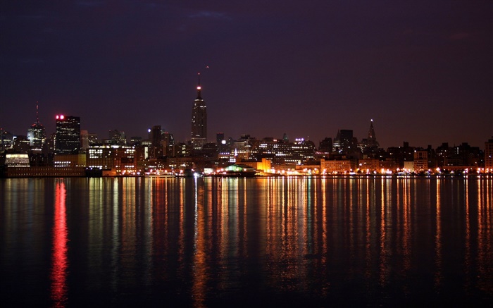 Noche de la ciudad, hermoso, edificios, luces, río, reflexión Fondos de pantalla, imagen