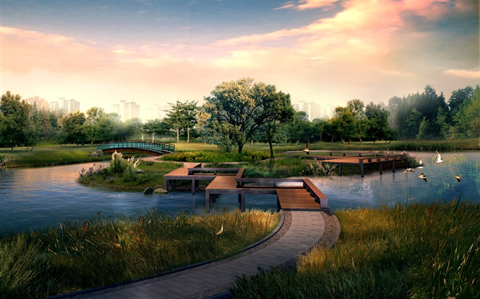 parque de la ciudad, puente de madera, río, pájaros, árboles, diseño 3D Fondos de pantalla, imagen