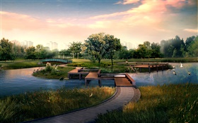 parque de la ciudad, puente de madera, río, pájaros, árboles, diseño 3D