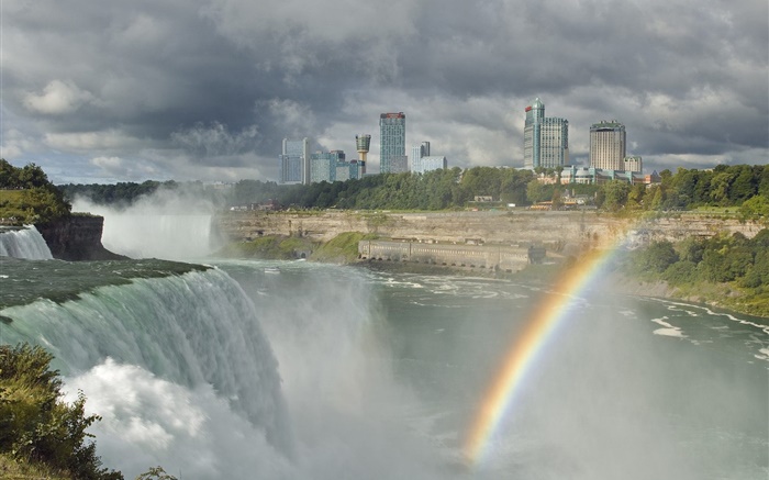 Ciudad, cascadas, río, arco iris, nubes Fondos de pantalla, imagen