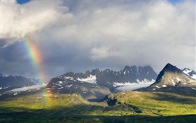 Cielo nublado, montañas, hierba, arco iris HD fondos de pantalla