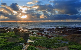 Costa, piedras, puesta del sol, nubes, océano Pacífico HD fondos de pantalla