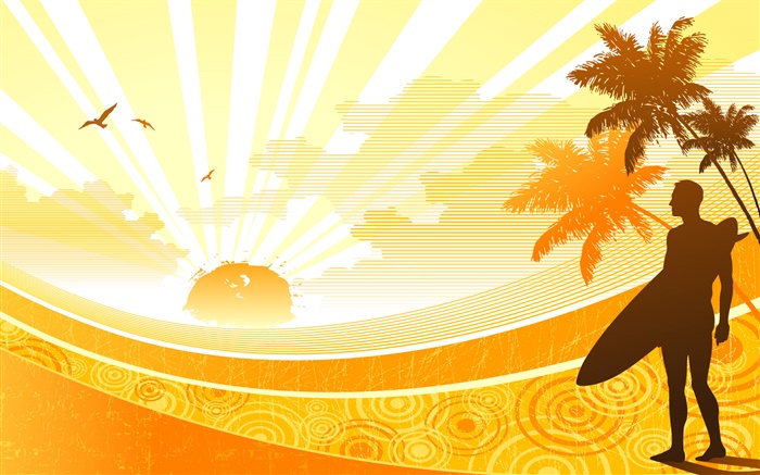 Costa,, palmeras, sol, hombre, diseño tropical vector Fondos de pantalla, imagen