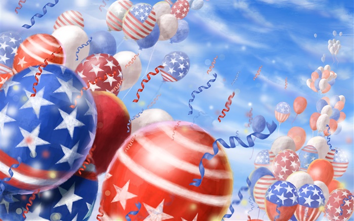 Globos de colores, fiesta, cielo, bandera americana Fondos de pantalla, imagen
