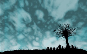 Creativas imágenes, forma negro, árbol, pájaros, cerca, nubes