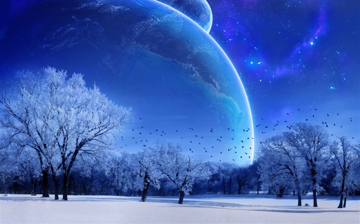 Mundo ideal, invierno, árboles, pájaros, planetas, azul estilo Fondos de pantalla, imagen