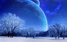 Mundo ideal, invierno, árboles, pájaros, planetas, azul estilo