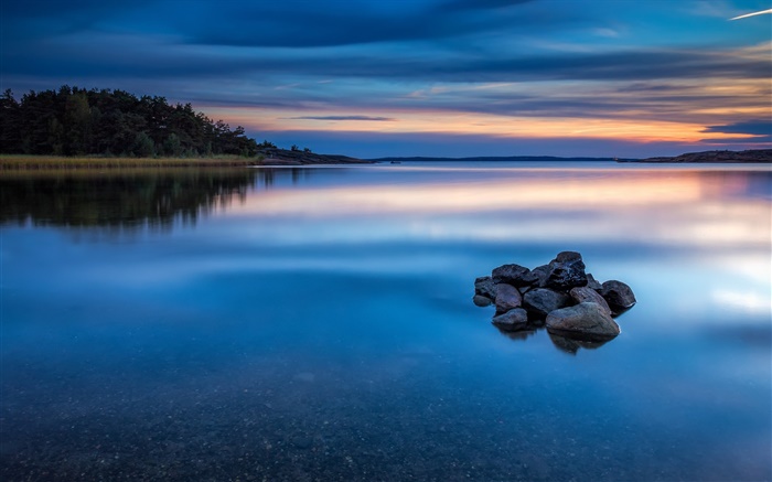 Atardecer, lago, agua, piedras, árboles, Noruega paisaje de la naturaleza Fondos de pantalla, imagen