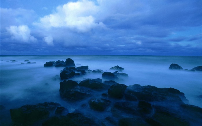 Atardecer, el mar, costa, rocas, nubes, azul estilo Fondos de pantalla, imagen