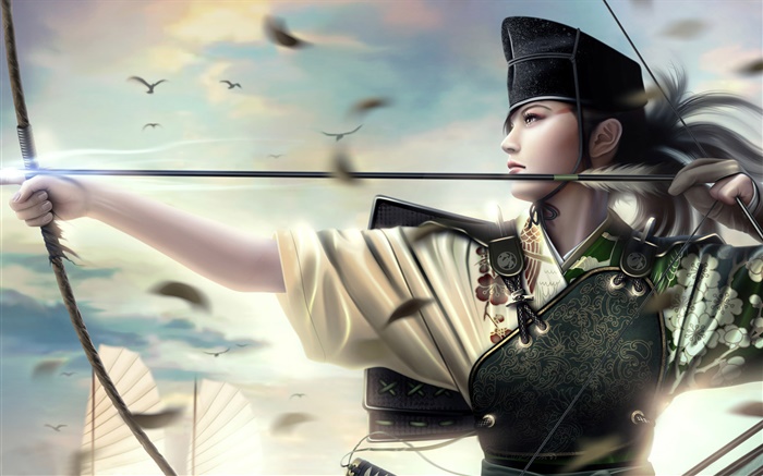 Fantasía Asia chica, guerrero, arco, barco Fondos de pantalla, imagen