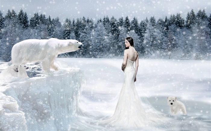 chica de la fantasía y los osos polares, frío Fondos de pantalla, imagen