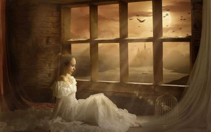 niña de la fantasía en el lado de la ventana, la luna, noche Fondos de pantalla, imagen