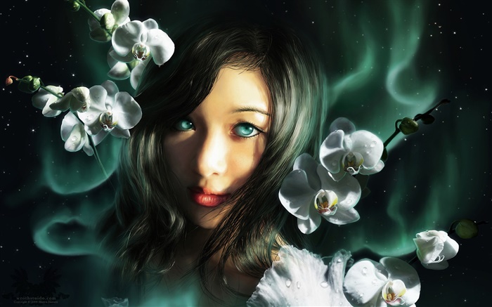 niña de fantasía, ojos azules, orquídeas Fondos de pantalla, imagen