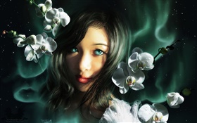niña de fantasía, ojos azules, orquídeas