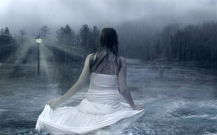 chica de fantasía en la noche lluviosa, el agua, lámparas, árboles Fondos de pantalla, imagen
