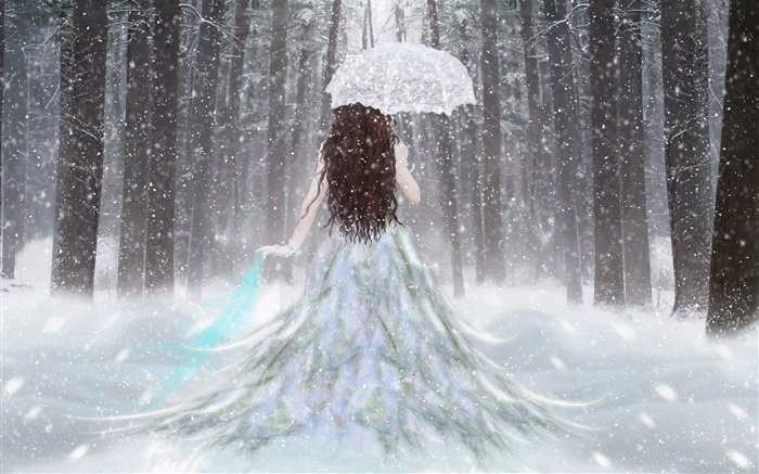 chica de ensueño en el bosque de invierno, nieve, paraguas, vista posterior Fondos de pantalla, imagen