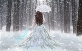chica de ensueño en el bosque de invierno, nieve, paraguas, vista posterior