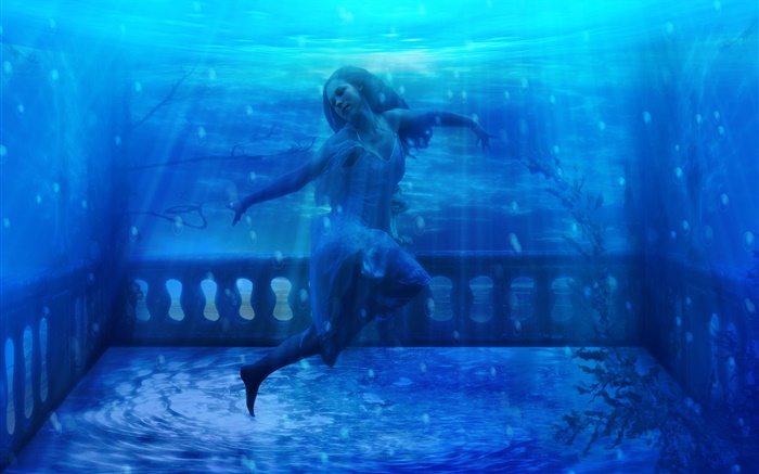 chica de la fantasía en el agua bajo el agua, azul Fondos de pantalla, imagen