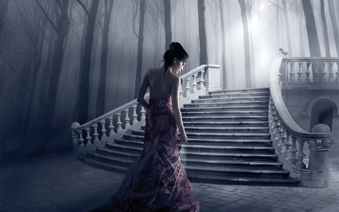 chica de la fantasía, noche, escaleras, árboles Fondos de pantalla, imagen