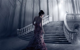 chica de la fantasía, noche, escaleras, árboles