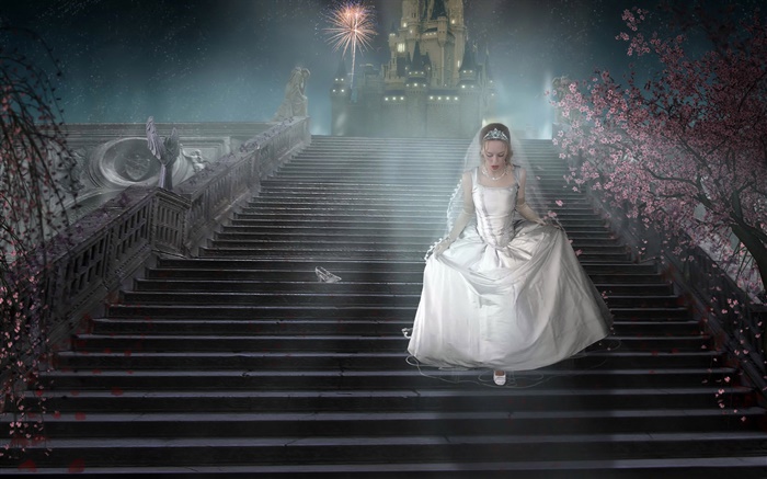 chica de la fantasía, vestido blanco, escaleras, zapatos Fondos de pantalla, imagen