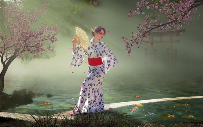 kimono de la muchacha de la fantasía Fondos de pantalla, imagen