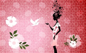 Niña y palomas, pájaros, flores, fondo de color rosa, diseño del vector fotos