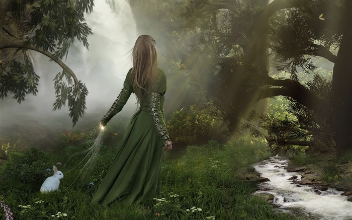 muchacha del vestido de la fantasía verde en el bosque, conejo blanco Fondos de pantalla, imagen