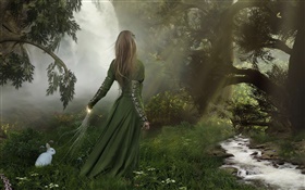 muchacha del vestido de la fantasía verde en el bosque, conejo blanco