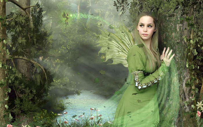 fantasía chica vestido verde, alas, hada Fondos de pantalla, imagen