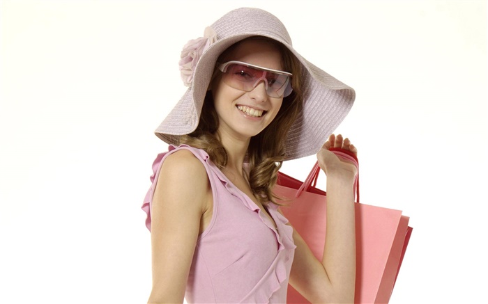 Feliz compra niña, vestido rosa, sombrero, gafas de sol Fondos de pantalla, imagen