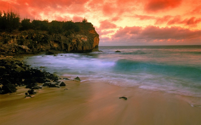 Hawai, EE.UU., playa, costa, mar, cielo rojo, puesta del sol Fondos de pantalla, imagen