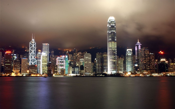 Hong Kong, bella ciudad, rascacielos, noche, luces, río Fondos de pantalla, imagen
