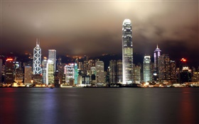 Hong Kong, bella ciudad, rascacielos, noche, luces, río