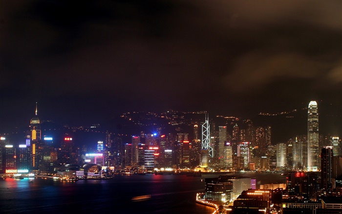 Hong Kong, hermosa noche, ciudad, rascacielos, luces, mar Fondos de pantalla, imagen