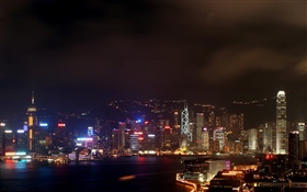 Hong Kong, hermosa noche, ciudad, rascacielos, luces, mar