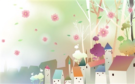 Casas, ciudad, flores, primavera, diseño del vector HD fondos de pantalla