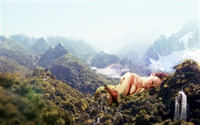 chica enorme, dormir en las montañas, el diseño creativo
