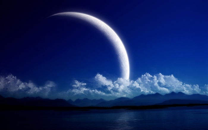 Lago, montañas, nubes, noche, planetas Fondos de pantalla, imagen