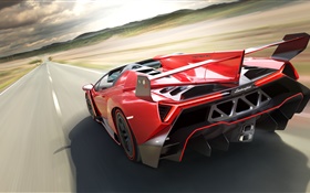 Lamborghini supercar rojo, vista posterior, la velocidad