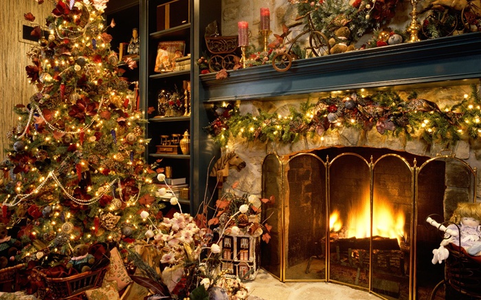 Feliz Navidad, bolas, decoración, chimenea, luces, cálido Fondos de pantalla, imagen