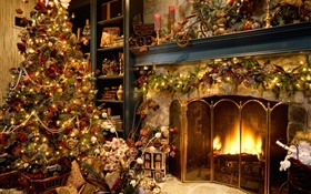 Feliz Navidad, bolas, decoración, chimenea, luces, cálido