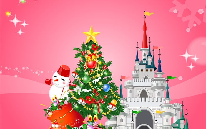 Feliz Navidad, diseño del vector, árbol, muñeco de nieve, regalos, castillo Fondos de pantalla, imagen