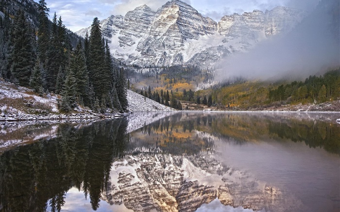 Mañana, niebla, lago, montañas, la reflexión del agua Fondos de pantalla, imagen