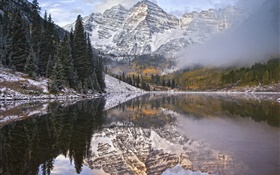 Mañana, niebla, lago, montañas, la reflexión del agua HD fondos de pantalla