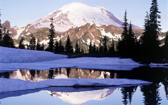 Mount Rainier, Tipsoo lago, montaña, árboles, nieve, Washington, EE.UU. Fondos de pantalla, imagen
