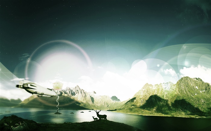 Montañas, lago, ciervos, la luz, el diseño creativo Fondos de pantalla, imagen