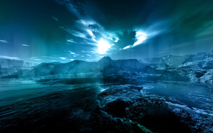 paisaje nocturno, mar, costa, agua, luna, nubes, azul estilo Fondos de pantalla, imagen