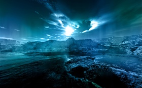 paisaje nocturno, mar, costa, agua, luna, nubes, azul estilo HD fondos de pantalla